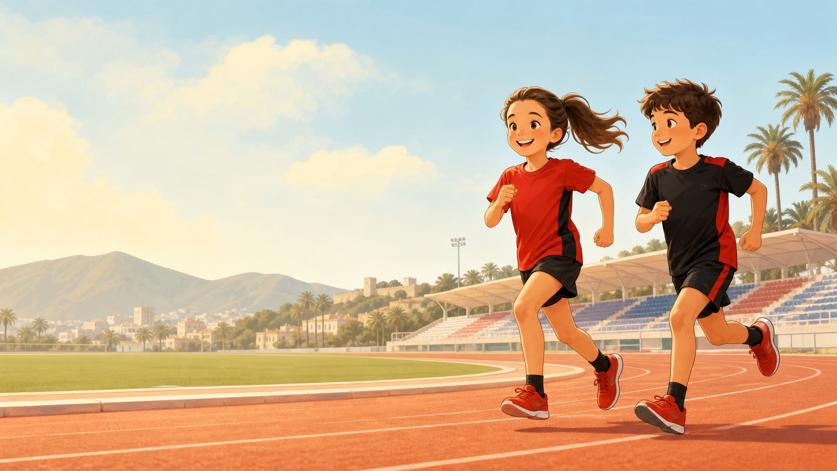 Dos alumnos corriendo en una pista de atletismo con paisaje malagueño
